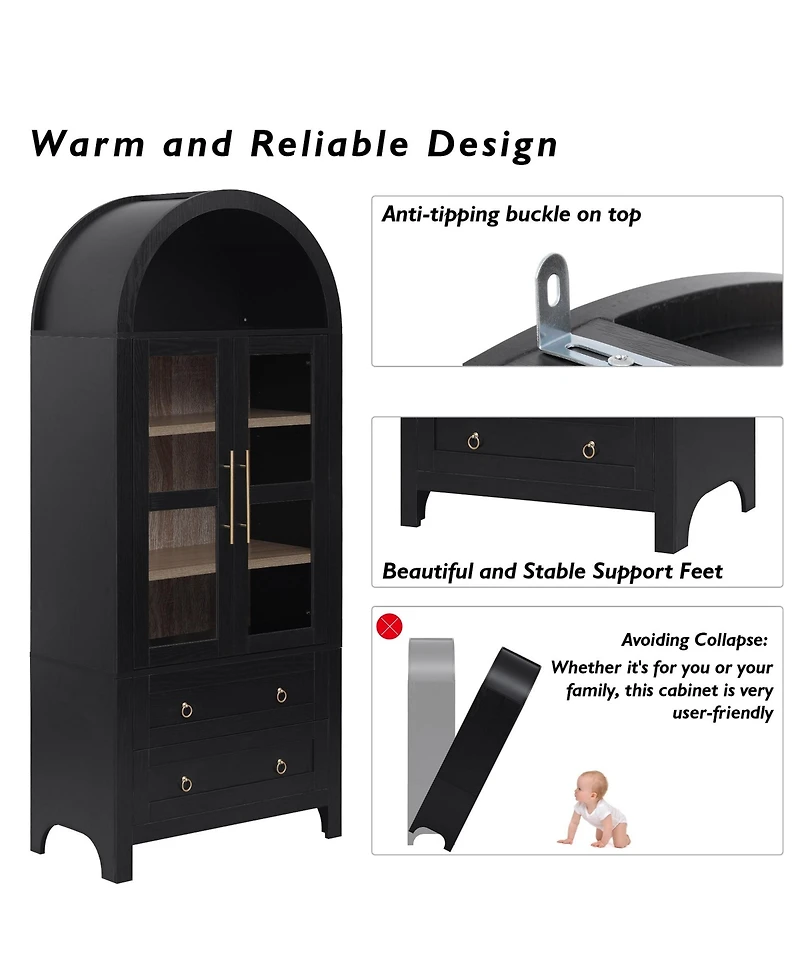 Boyel Living 71" Tall Arched Kitchen Pantry Cabinet with 2 Large Drawers, Adjustable Shelves, Glass Door, Wood Versatile Cupboard