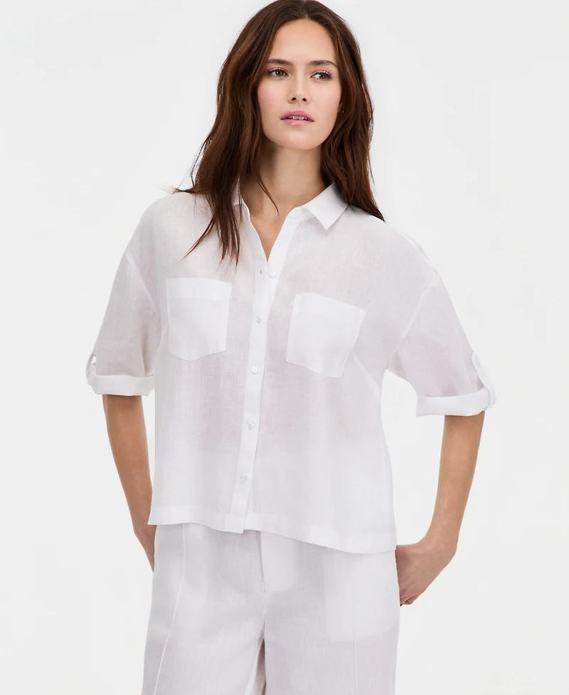 Charter Club Women's 100% Linen Solid Roll-Tab Camp Shirt, Created for Macy's