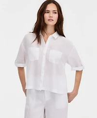 Charter Club Women's 100% Linen Solid Roll-Tab Camp Shirt, Created for Macy's