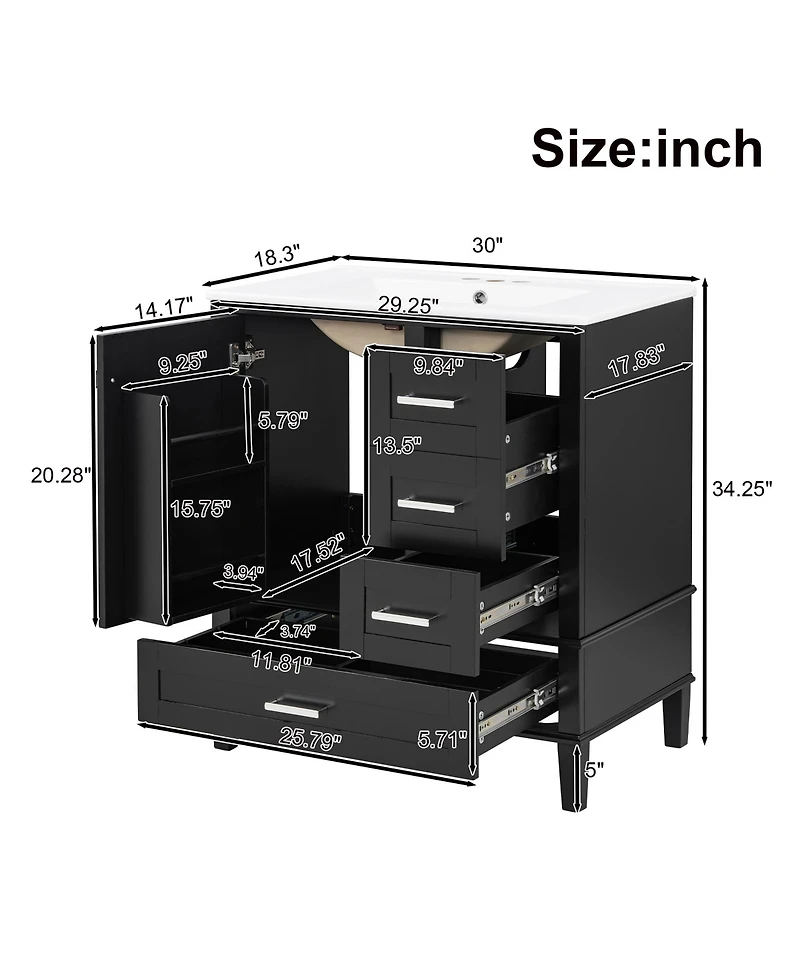 Cesicia 30 in. Wood Bathroom Vanity, Modern Cabinet with Sink Combo Set, Soft-Closing Door and 3 Drawers