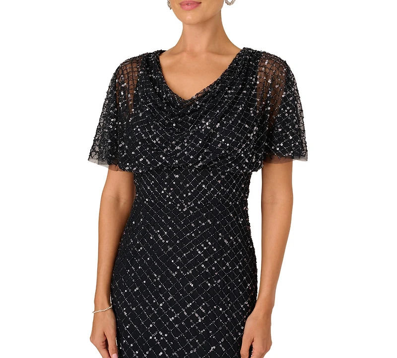 Adrianna Papell Women's Crewneck Beaded Cowl Drape Ball Gown