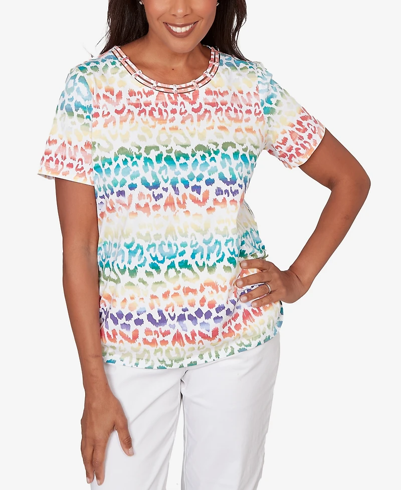 Alfred Dunner Petite Rainbow Print Beaded Neck Ruched Top