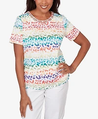 Alfred Dunner Petite Rainbow Print Beaded Neck Ruched Top