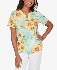 Alfred Dunner Petite Sunflower Split Neck Side Ruched Top