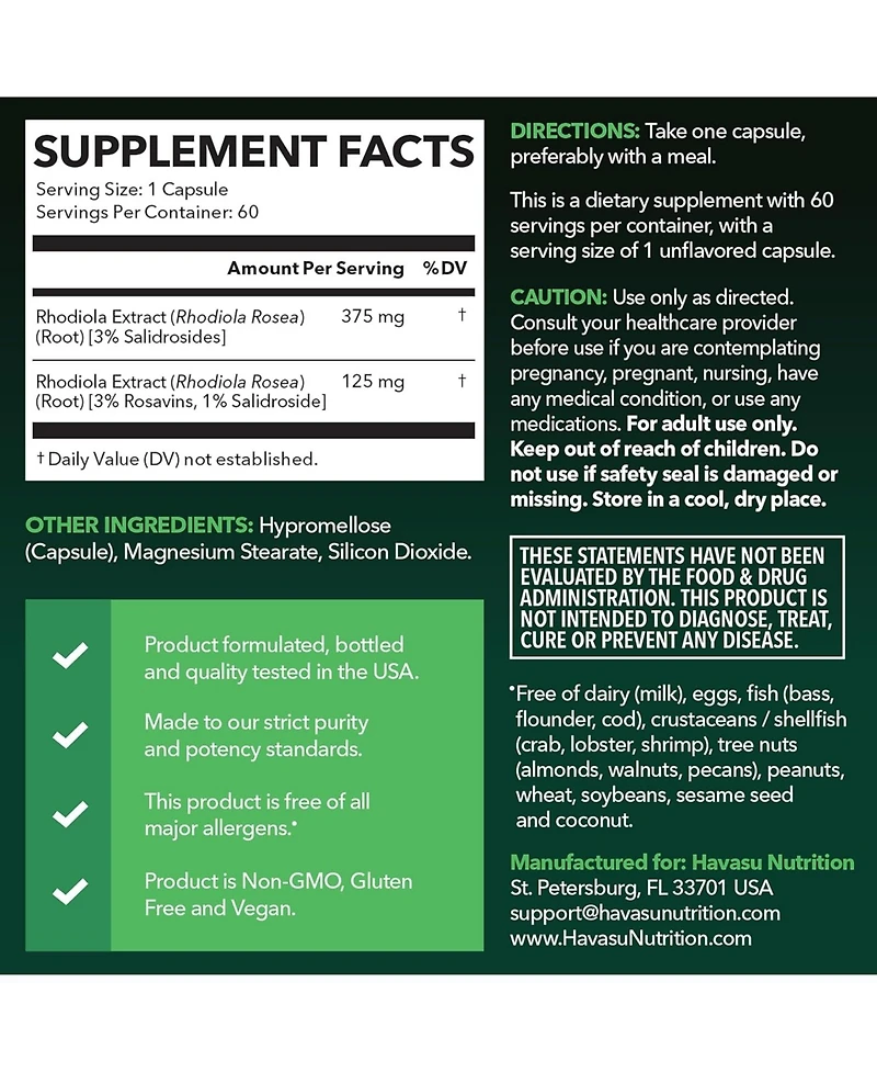 Havasu Nutrition Rhodiola Rosea Capsules, 60ct
