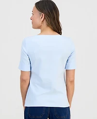 Style & Co Petite Cotton Elbow-Sleeve Boat-Neck Top, Exclusively at Macy's