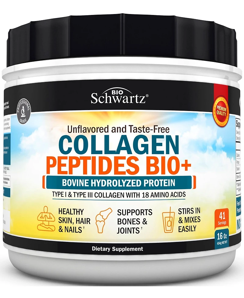 BioSchwartz Collagen Peptides Bio+ Powder, Grass Fed Bovine Collagen Supplement, Hydrolyzed Protein Peptides, Unflavored, 16oz