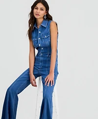 Guess Women's Harlo Sleeveless Flared-Leg Denim Jumpsuit