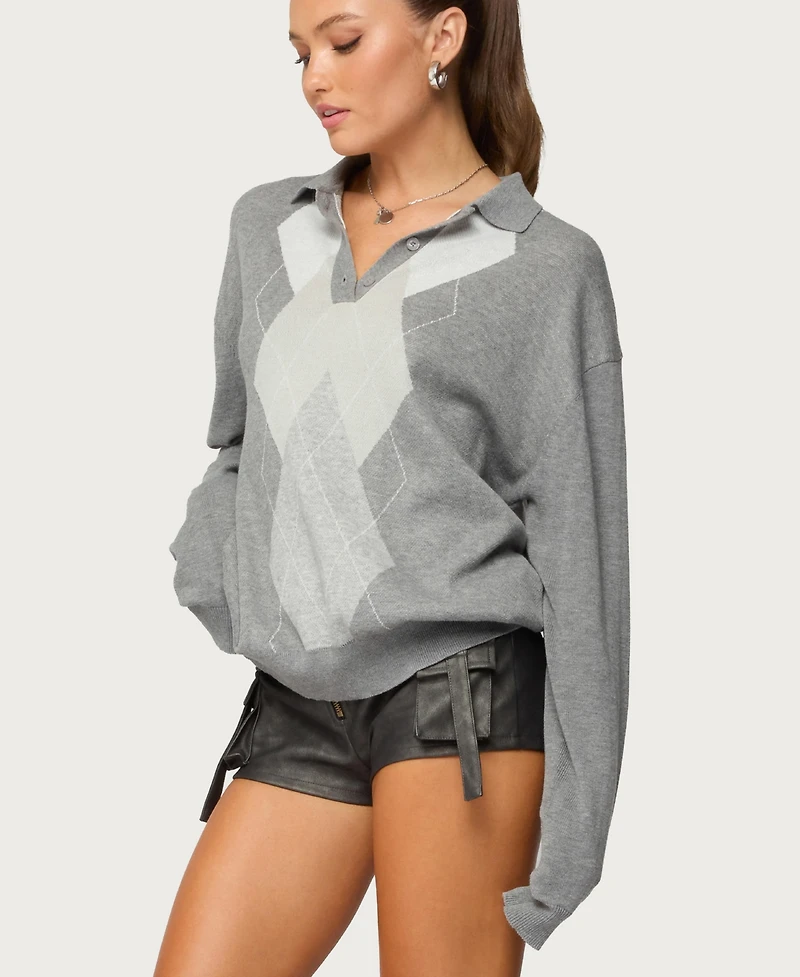 Edikted Women's Kati Argyle Oversized Polo Sweater
