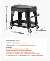 Mecale Mechanic Stool, 300lb, Swivel Seat w/ Wheels, Tool Tray & Rack, Black