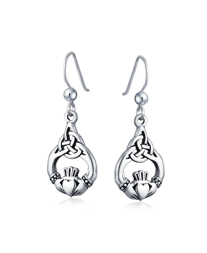 Bling Jewelry Friendship Love Symbol Celtic Claddagh Heart Dangle Earrings Oxidized .925 Sterling Silver