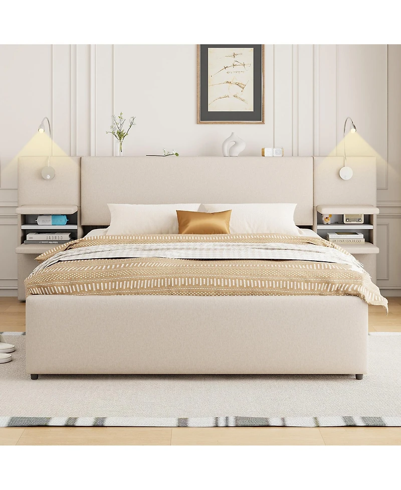 Boyel Living Queen Upholstered Platform Bed with Reading Lights and Storage Solutions