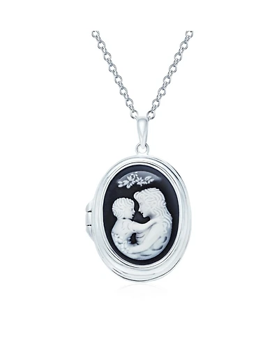 Bling Jewelry Victorian Style Blue Black White Loving Family Mother Child Cameo Locket Pendant Necklace Sterling Silver
