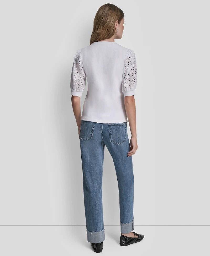 Dkny Jeans Petite Rib Body Eyelet V-Neck Top