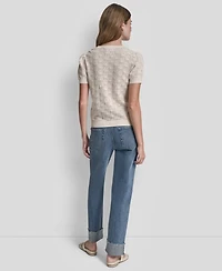 Dkny Jeans Petite Short-Sleeve Lace Pointelle Stitch Sweater