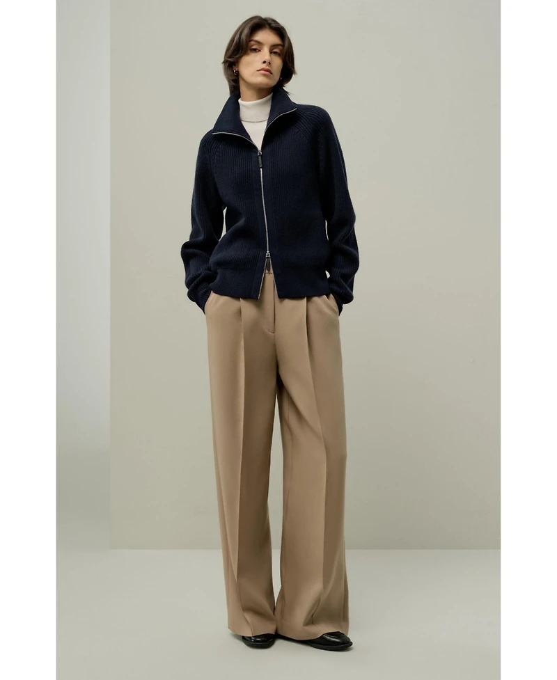 Lilysilk Women's Ribbed-knit Turtleneck Zip Cardigan