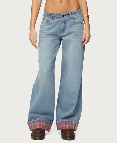 Edikted Womens Plaid Cuffed Low Rise Jeans