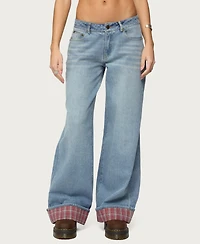Edikted Womens Plaid Cuffed Low Rise Jeans
