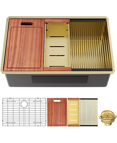 flynama 32x19inch Gold Undermount Workstation Kitchen Sink Stainless Steel 16 Gauge Deep Bowl