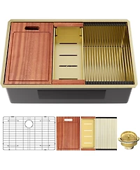 flynama 32x19inch Gold Undermount Workstation Kitchen Sink Stainless Steel 16 Gauge Deep Bowl