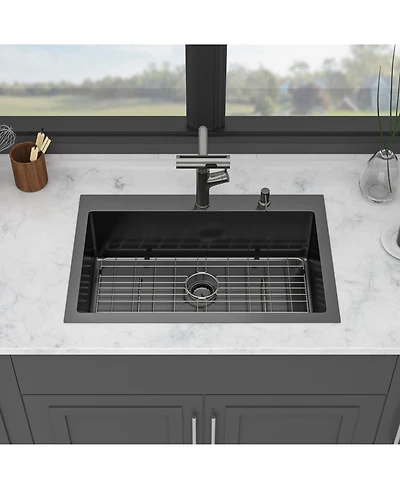 flynama huluwat 30x22x10inch Gunmetal Black Kitchen Sink with Pull Out Faucet Soap Dispenser Stainless Steel