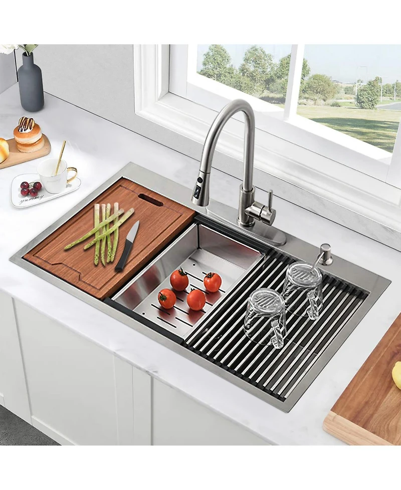 flynama 33x22x10 Inch Drop In Workstation Kitchen Sink 16 Gauge SUS304 Stainless Steel Single Bowl R10 Radius With 5 Accessories