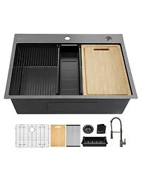 flynama 32x22inch Gunmetal Black Workstation Kitchen Sink 18 Gauge Stainless Steel with Faucet