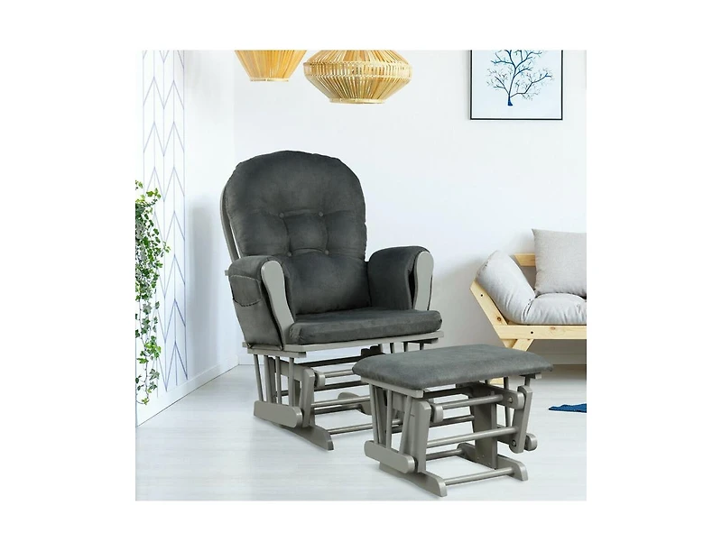 Wood Glider Chair and Ottoman Set with Padded Armrests Detachable Cushion