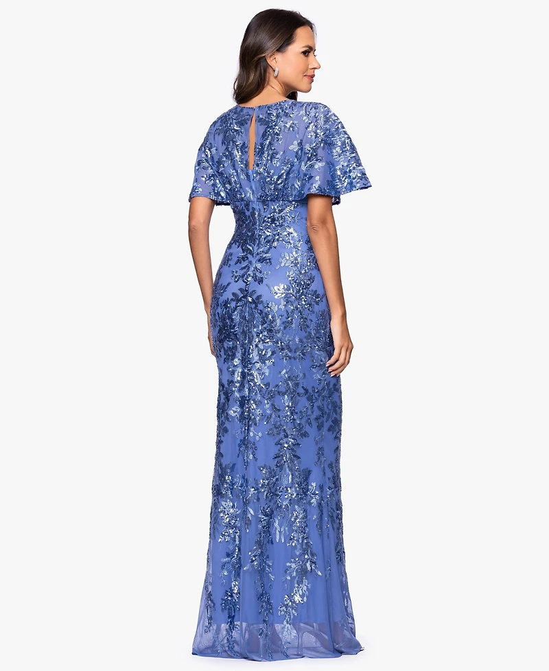 Betsy & Adam Women's Sequin Detail Flutter-Sleeve Gown