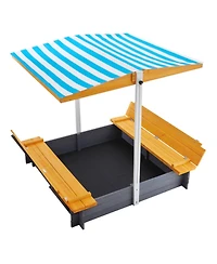 Mecale Wooden Sandbox w/ Canopy, 57.3" x 47.2" x 47.2", Foldable Bench Seats & Bottom Liner, Ages 3-12