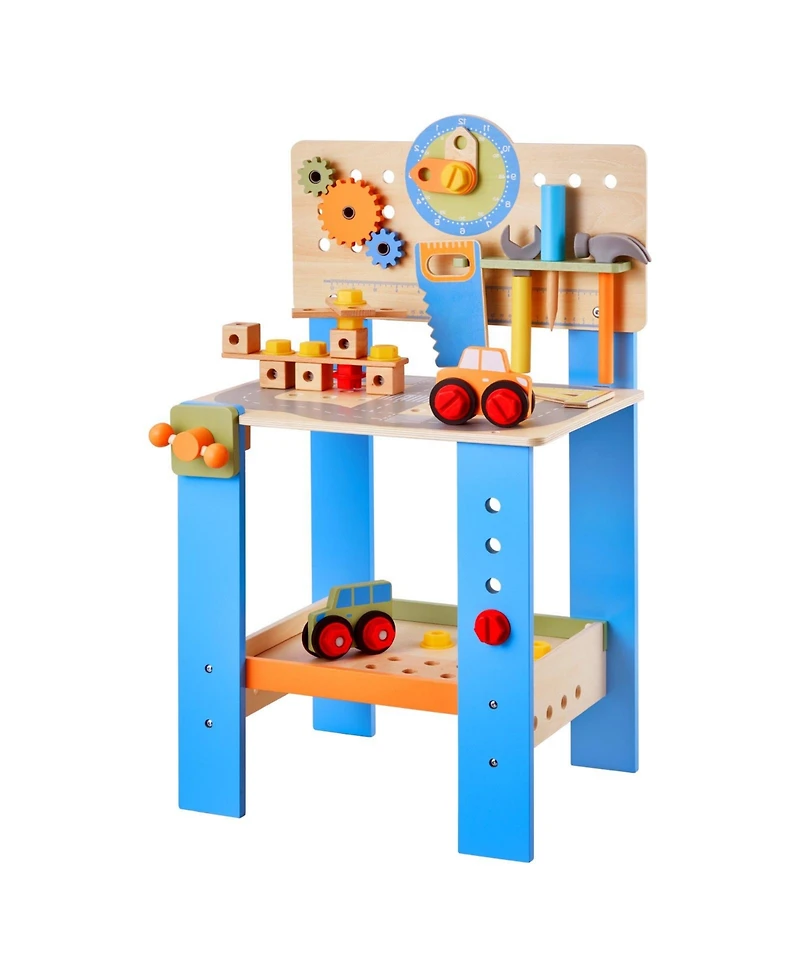 Slickblue Kids Wooden Workbench, 62-Piece Tool Set for Ages 3+