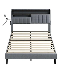 Hausource Queen/Full Size Bed Frame w/Storage Headboard & Charging Station & Led Light No Box Spring Needed, Full