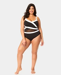 Anne Cole Plus V-Neck Color Block Mesh Insert Swimsuit
