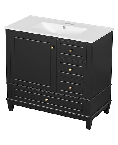 Cesicia 36 in. Freestanding Bathroom Vanity Cabinet with Ceramic Sink, Mdf and Solid Wood Base, 3 Drawers Shelves, 4 Faucet Holes