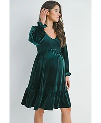 Hello Miz Maternity Smocked V Neck Long Sleeve Velvet Dress