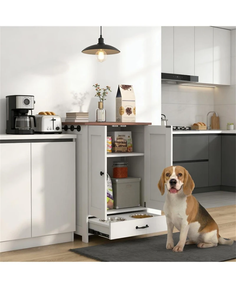 Aostirmotor Dog Bowls Food Storage Cabinet with 2 Doors in White