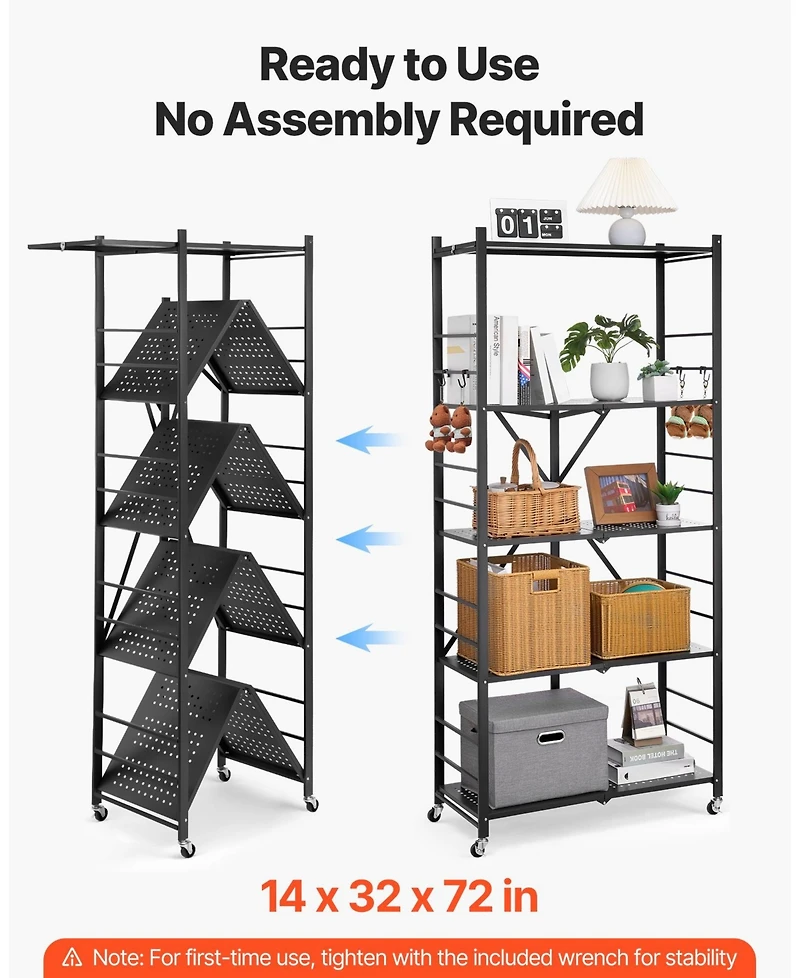 Ecooso 5-Tier Foldable Storage Shelf, 32"W x 14"D x 72"H, No-Assembly Metal Rack w/ Wheels & Hooks