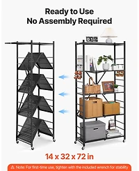 Ecooso 5-Tier Foldable Storage Shelf, 32"W x 14"D x 72"H, No-Assembly Metal Rack w/ Wheels & Hooks