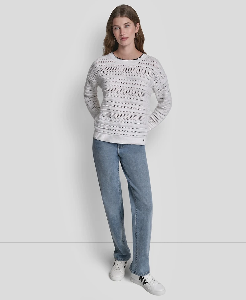Dkny Jeans Women's Crewneck Long-Sleeve Tipped Pointelle Sweater