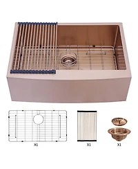 flynama 33inch Rose Gold Farmhouse Kitchen Sink 16G T304 Nano Stainless Steel Apron Front Single Bowl 33x21x10inch with Full Accessories