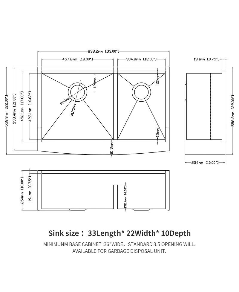 flynama 33x22x10 Inch Double Bowl 60 and 40 Farmhouse Workstation Kitchen Sink 16 Gauge T304 Stainless Steel Apron Front