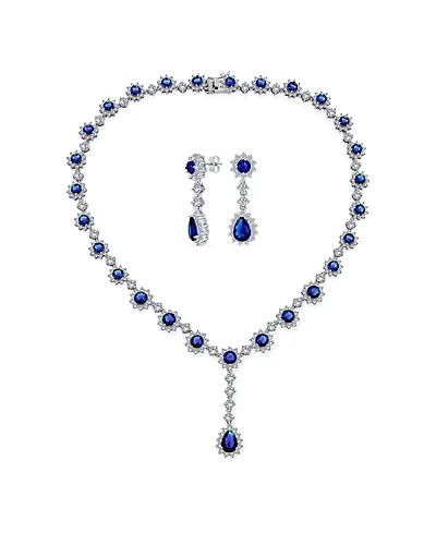 Bling Jewelry Estate Style Cubic Zirconia Cz Blue Sapphire Teardrop Statement Necklace Jewelry Set