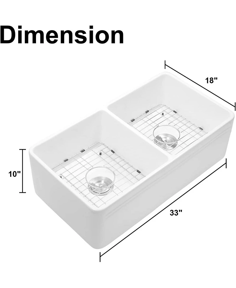 flynama 33x18x10inch Ceramic White Farmhouse Kitchen Sink Rectangular Double Basin Vessel Sink