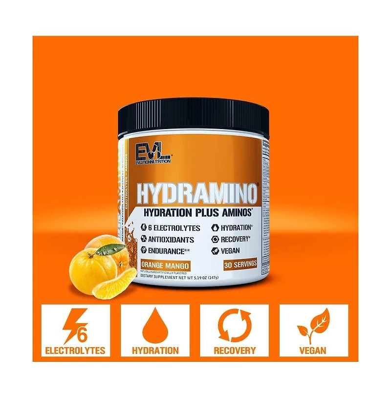 Evl Hydramino Complete Hydration Multiplier |Vitamin C & B, Fluid Boosting Aminos, Coconut Water, Endurance, Recovery, Orange Mango