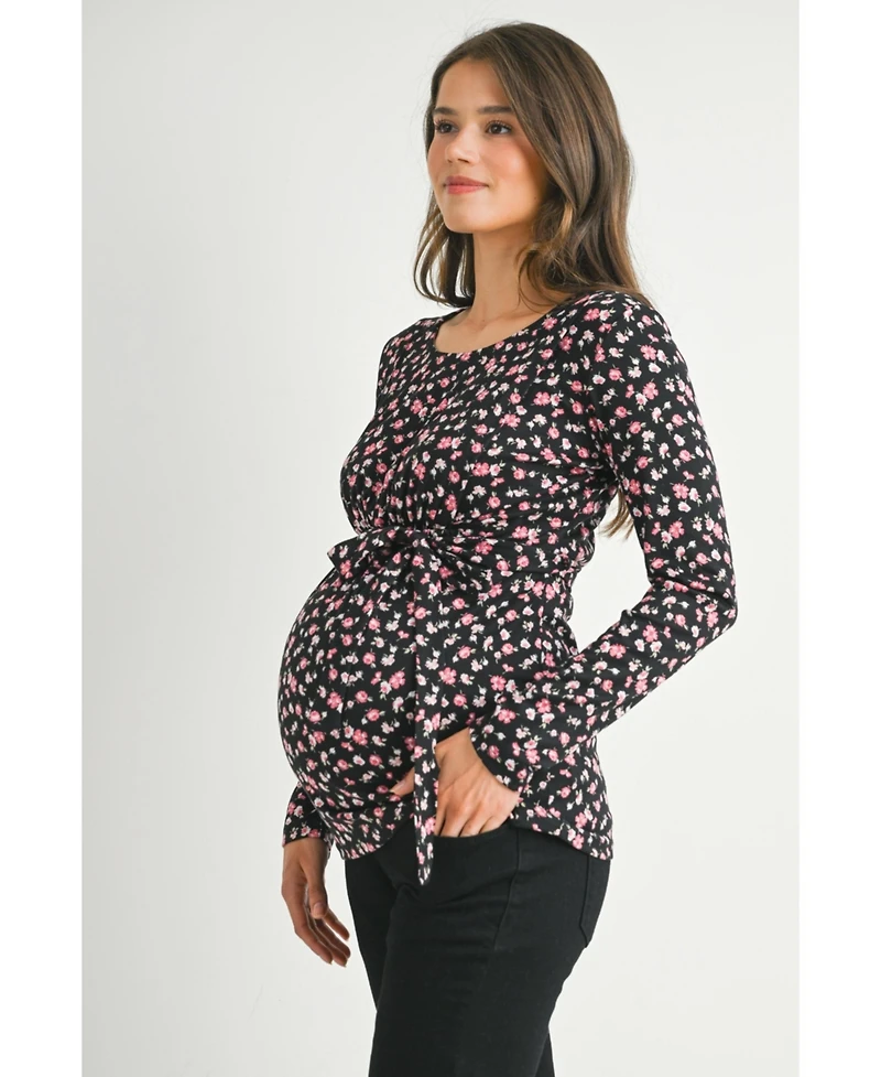 Hello Miz Maternity Long Sleeve Floral Tie Waist Top