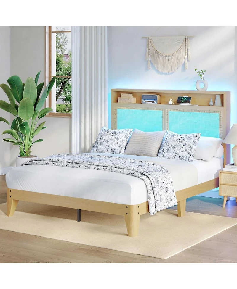 gaomon Rattan Bed Frame with Natural Rattan Headboard, Bohemian Platform Bed with Led - Full