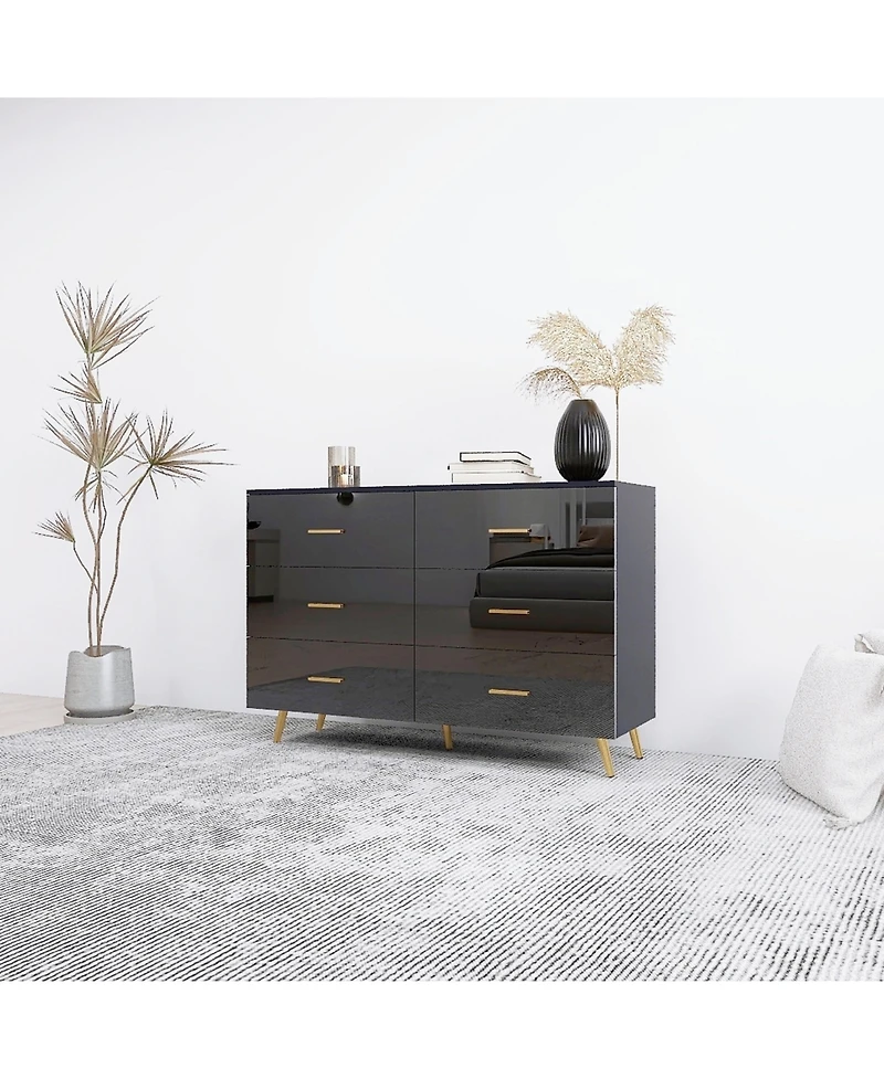Boyel Living High Glossy 6-Drawer Chest of Drawers with Golden Accents