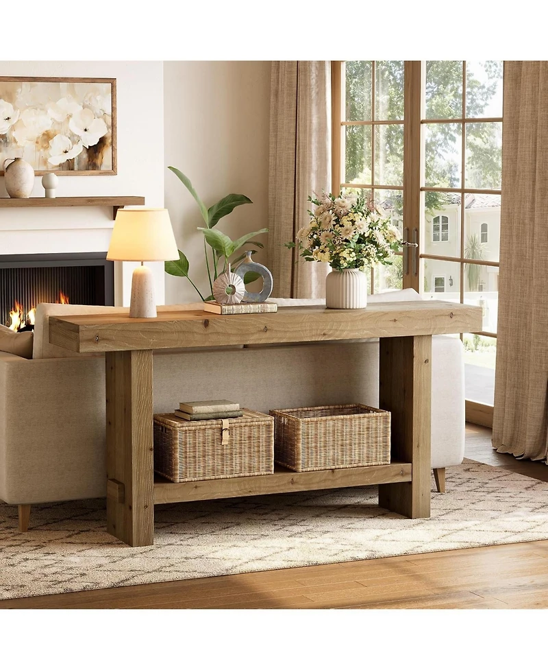 Tribesigns 63-Inch Solid Wood Console Table, 2-Tier Narrow Farmhouse Entryway Table for Hallway, Entrance, Living Room, Behind The Couch,Brown
