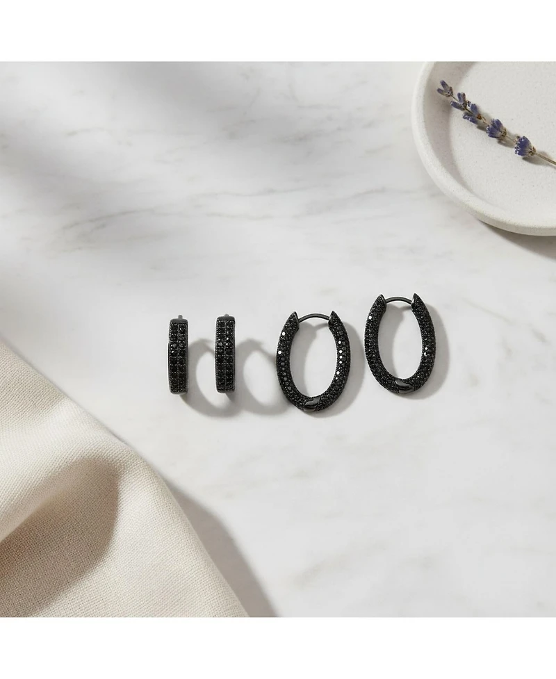 Bling Jewelry Set of 2 Black Pave Cz Cubic Zirconia Round Inside Out & 2 Row Huggie Hoop Earrings Black Rhodium Plated