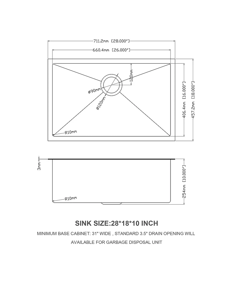 flynama 28x18x10inch Gunmetal Black Undermount Kitchen Sink Single Bowl Stainless Steel 16 Gauge